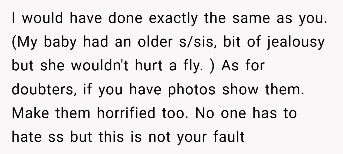 I would have done exactly the same as you. (My baby had an older s/sis, bit of jealousy but she wouldn't hurt a fly. ) As for doubters, if you...
