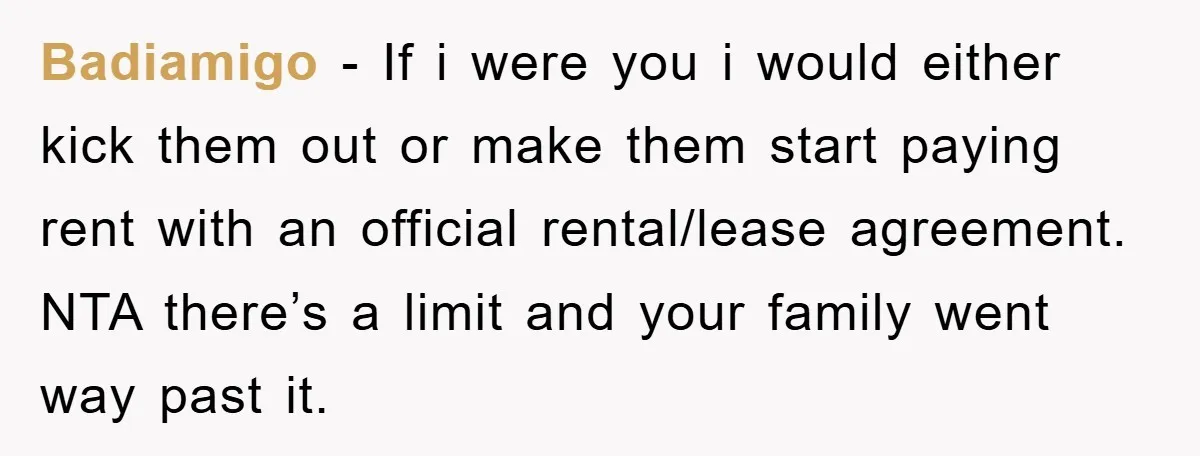 Badiamigo − If i were you i would either kick them out or make them start paying rent with an official rental/lease agreement. NTA there’s a limit and your family...