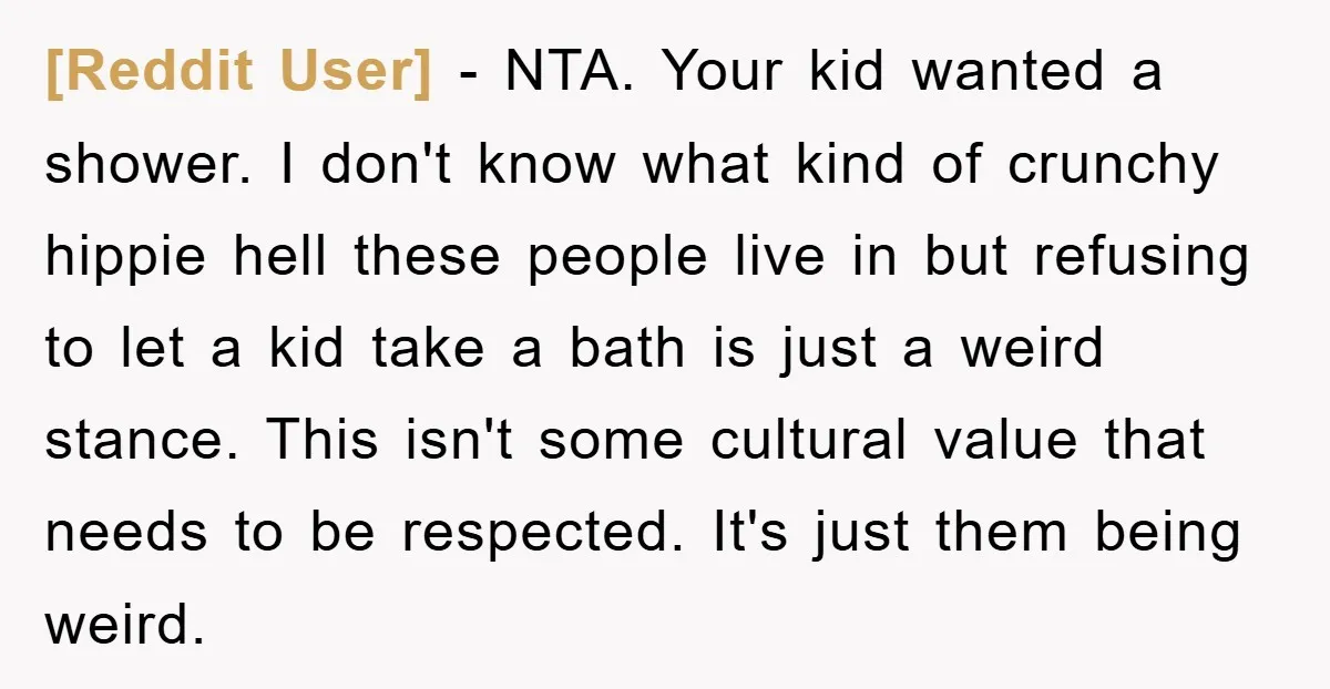 [Reddit User] − NTA. Your kid wanted a shower. I don't know what kind of crunchy hippie hell these people live in but refusing to let a kid take a...