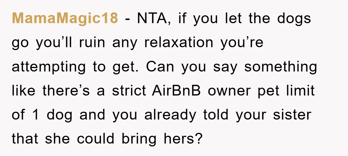 MamaMagic18 − NTA, if you let the dogs go you’ll ruin any relaxation you’re attempting to get. Can you say something like there’s a strict AirBnB owner pet limit of...