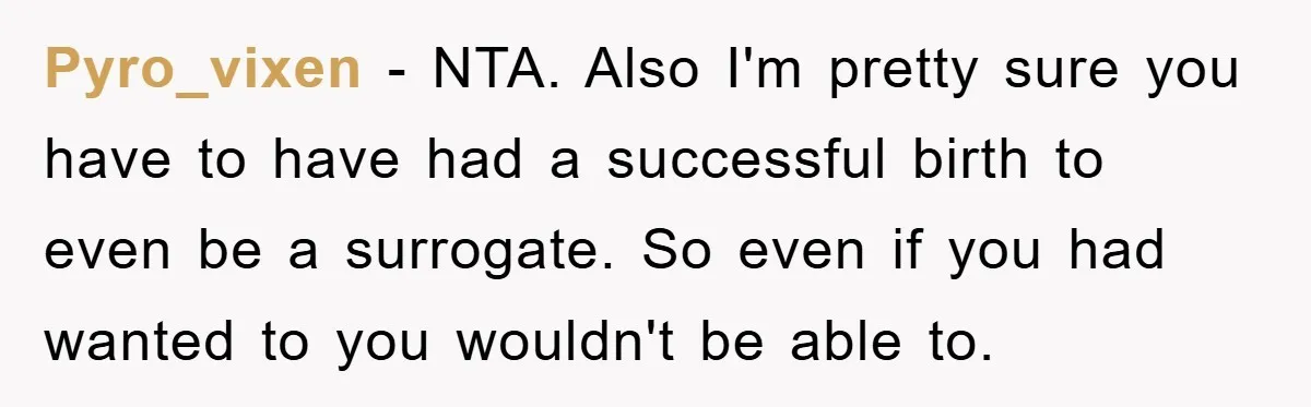 Pyro_vixen − NTA. Also I'm pretty sure you have to have had a successful birth to even be a surrogate. So even if you had wanted to you wouldn't be...