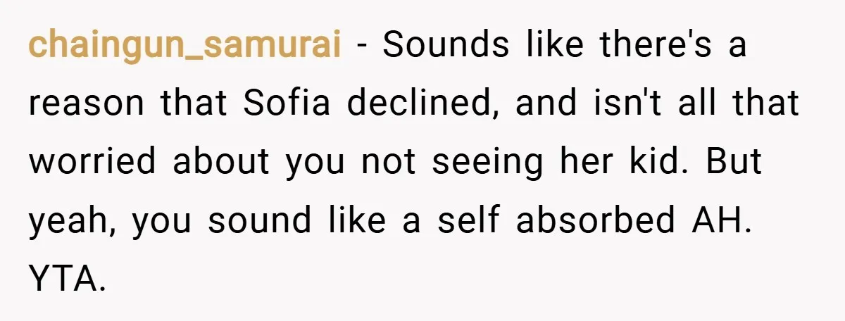 chaingun_samurai − Sounds like there's a reason that Sofia declined, and isn't all that worried about you not seeing her kid. But yeah, you sound like a self absorbed AH....