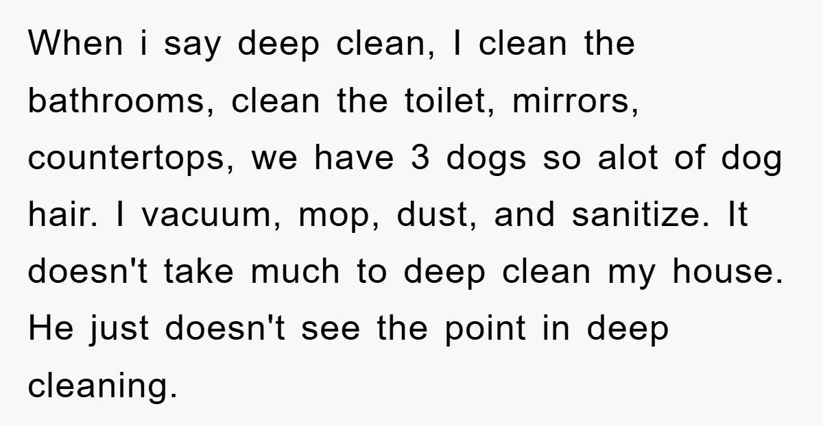 When i say deep clean, I clean the bathrooms, clean the toilet, mirrors, countertops, we have 3 dogs so alot of dog hair. I vacuum, mop, dust, and sanitize. It...