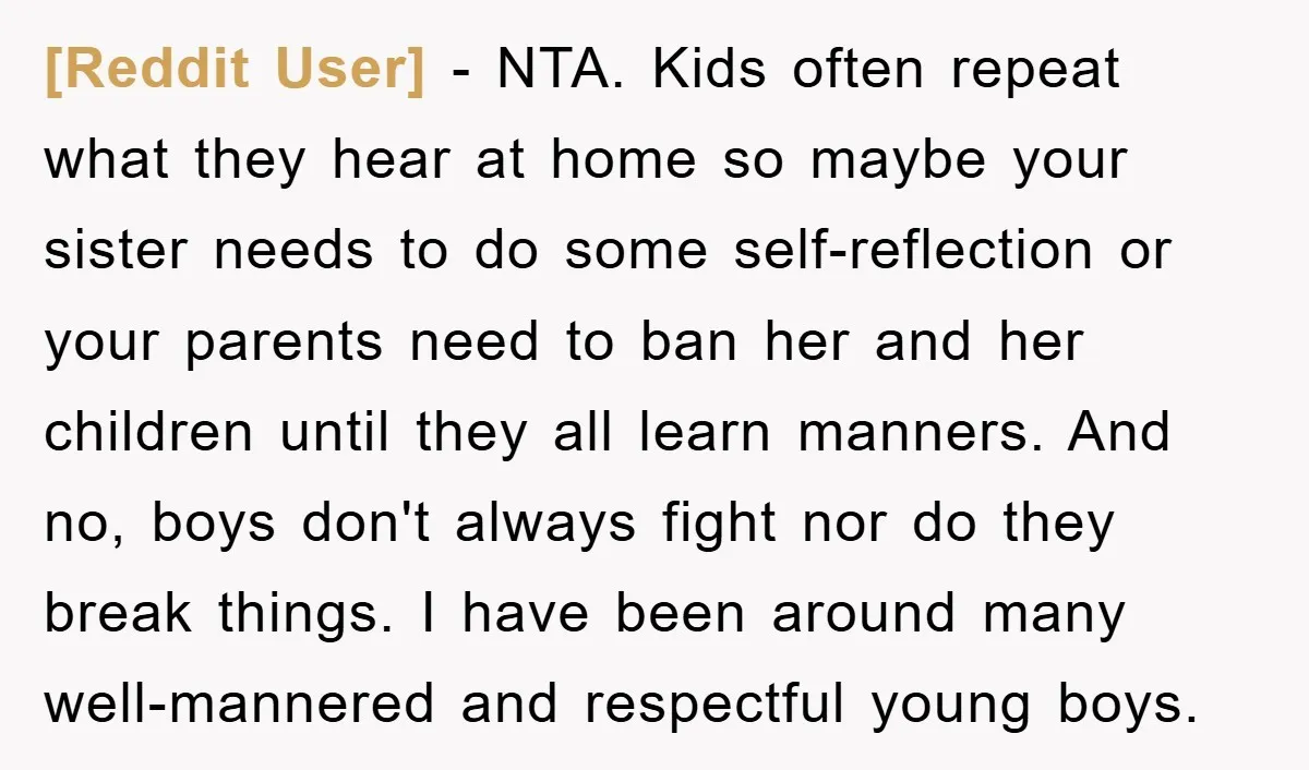 [Reddit User] − NTA. Kids often repeat what they hear at home so maybe your sister needs to do some self-reflection or your parents need to ban her and her...