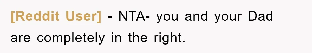 [Reddit User] − NTA- you and your Dad are completely in the right.