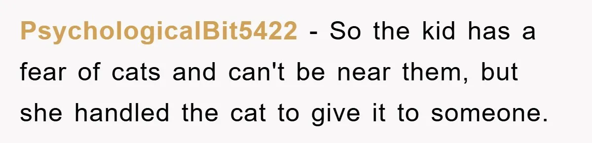 PsychologicalBit5422 - So the kid has a fear of cats and can't be near them, but she handled the cat to give it to someone.