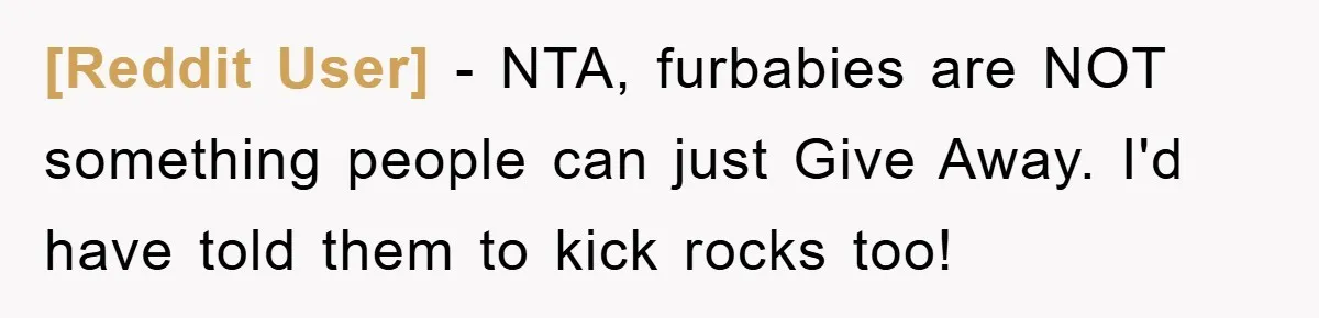 [Reddit User] - NTA, furbabies are NOT something people can just Give Away. I'd have told them to kick rocks too!