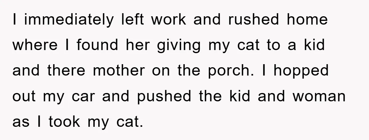 I immediately left work and rushed home where I found her giving my cat to a kid and there mother on the porch. I hopped out my car and pushed...