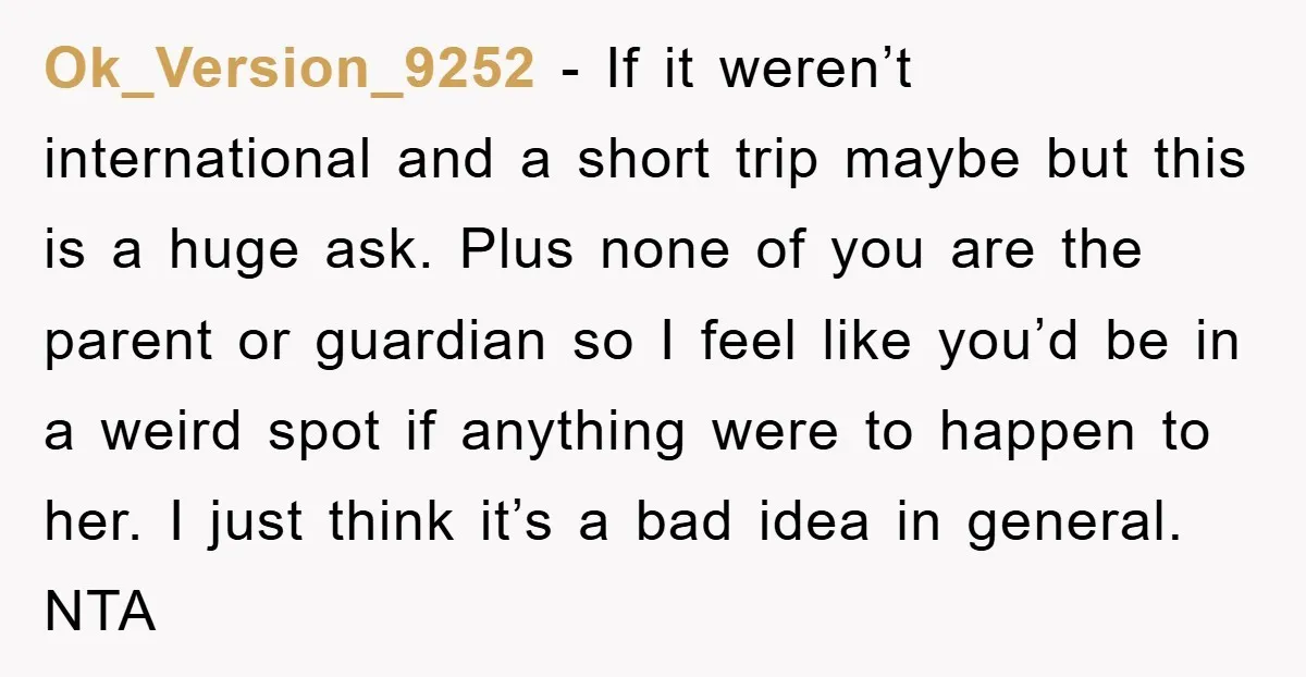 Ok_Version_9252 − If it weren’t international and a short trip maybe but this is a huge ask. Plus none of you are the parent or guardian so I feel like...