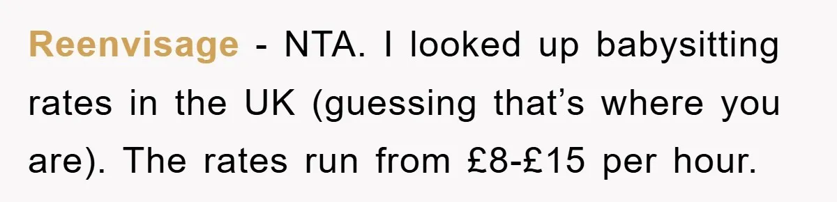 Reenvisage − NTA. I looked up babysitting rates in the UK (guessing that’s where you are). The rates run from £8-£15 per hour.