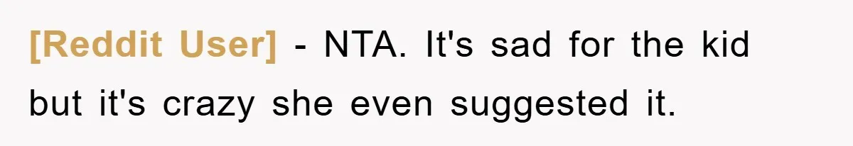 [Reddit User] − NTA. It's sad for the kid but it's crazy she even suggested it.