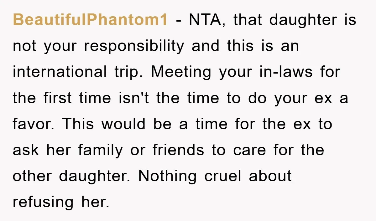 BeautifulPhantom1 − NTA, that daughter is not your responsibility and this is an international trip. Meeting your in-laws for the first time isn't the time to do your ex a...