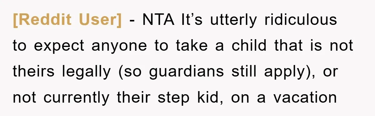 [Reddit User] − NTA It’s utterly ridiculous to expect anyone to take a child that is not theirs legally (so guardians still apply), or not currently their step kid, on...