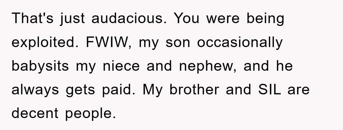 That's just audacious. You were being exploited. FWIW, my son occasionally babysits my niece and nephew, and he always gets paid. My brother and SIL are decent people.