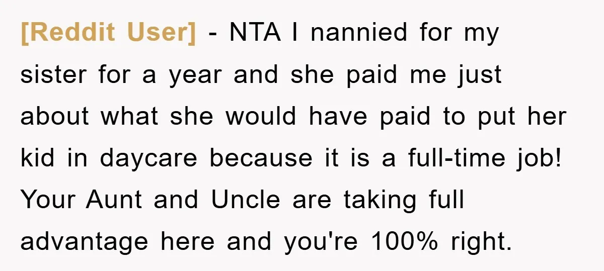 [Reddit User] − NTA I nannied for my sister for a year and she paid me just about what she would have paid to put her kid in daycare because...