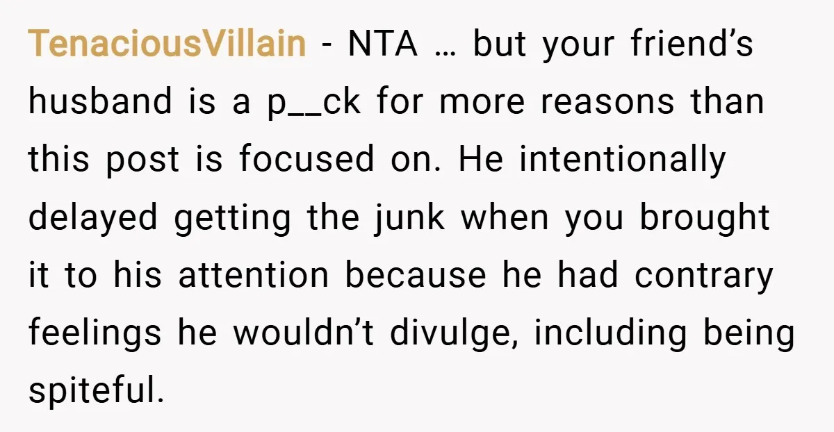 TenaciousVillain − NTA … but your friend’s husband is a p__ck for more reasons than this post is focused on. He intentionally delayed getting the junk when you brought it...