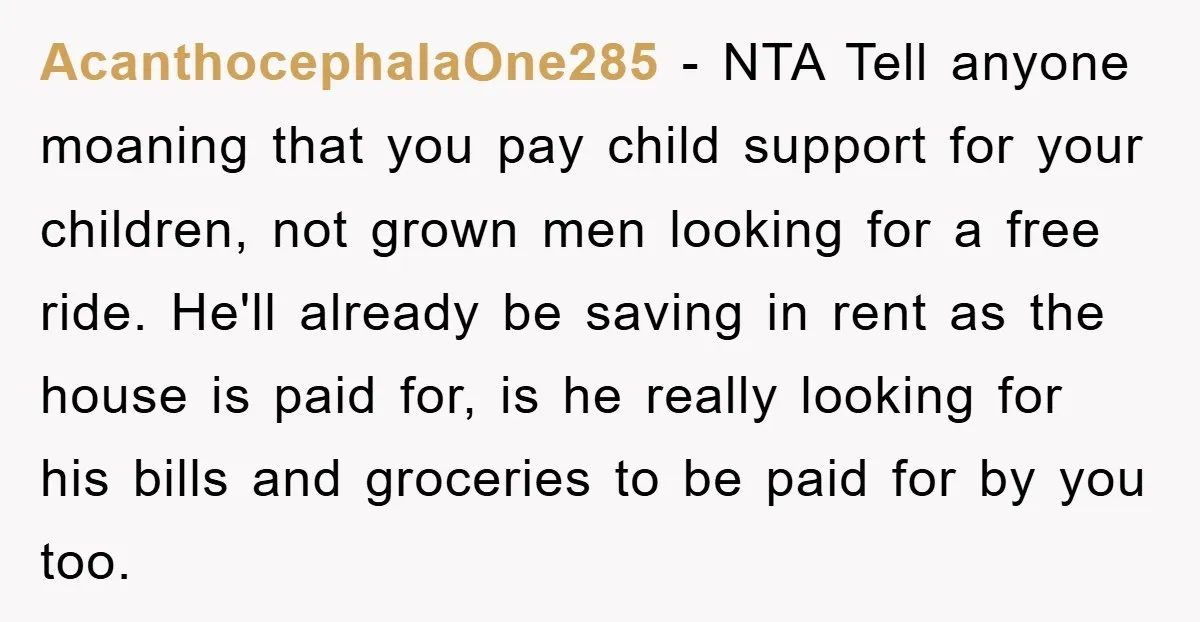 AcanthocephalaOne285 − NTA Tell anyone moaning that you pay child support for your children, not grown men looking for a free ride. He'll already be saving in rent as the...
