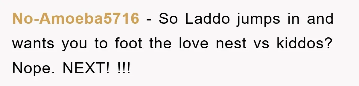 No-Amoeba5716 − So Laddo jumps in and wants you to foot the love nest vs kiddos? Nope. NEXT! !!!