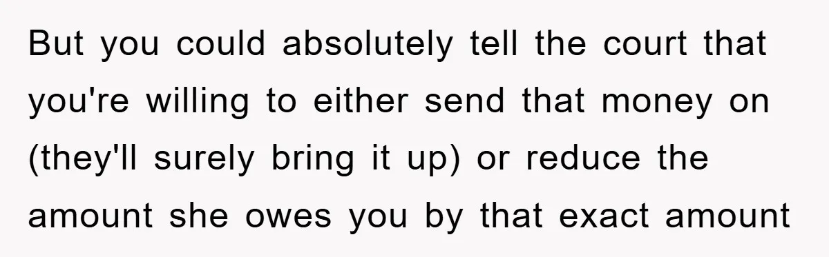 But you could absolutely tell the court that you're willing to either send that money on (they'll surely bring it up) or reduce the amount she owes you by that...