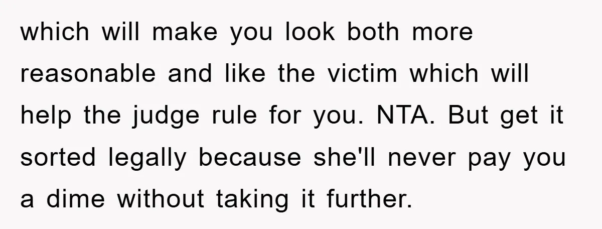 which will make you look both more reasonable and like the victim which will help the judge rule for you. NTA. But get it sorted legally because she'll never pay...