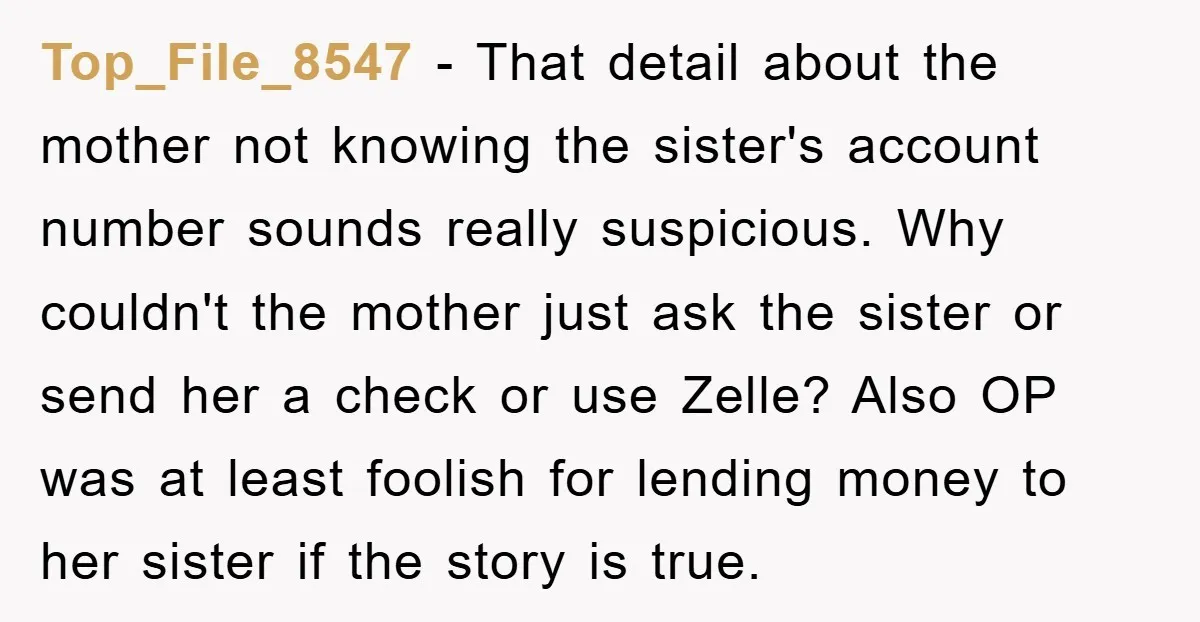 Top_File_8547 − That detail about the mother not knowing the sister's account number sounds really suspicious. Why couldn't the mother just ask the sister or send her a check or...