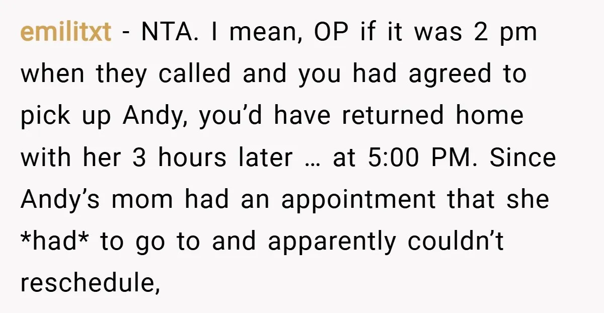 emilitxt − NTA. I mean, OP if it was 2 pm when they called and you had agreed to pick up Andy, you’d have returned home with her 3 hours...