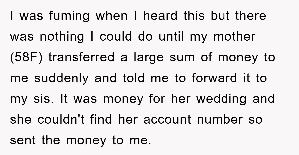 I was fuming when I heard this but there was nothing I could do until my mother (58F) transferred a large sum of money to me suddenly and told me...