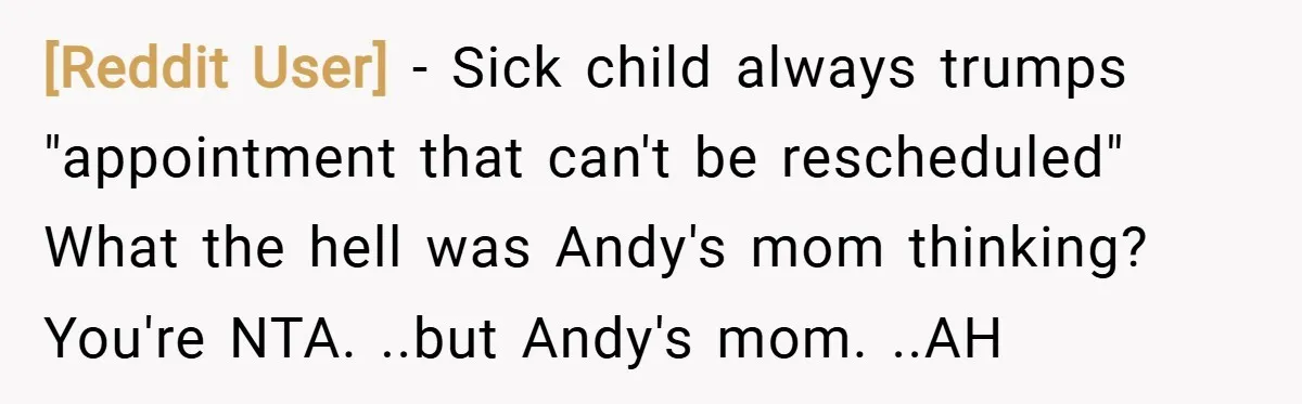 [Reddit User] − Sick child always trumps "appointment that can't be rescheduled" What the hell was Andy's mom thinking? You're NTA. ..but Andy's mom. ..AH