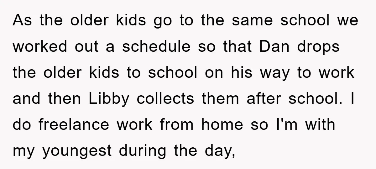As the older kids go to the same school we worked out a schedule so that Dan drops the older kids to school on his way to work and then...