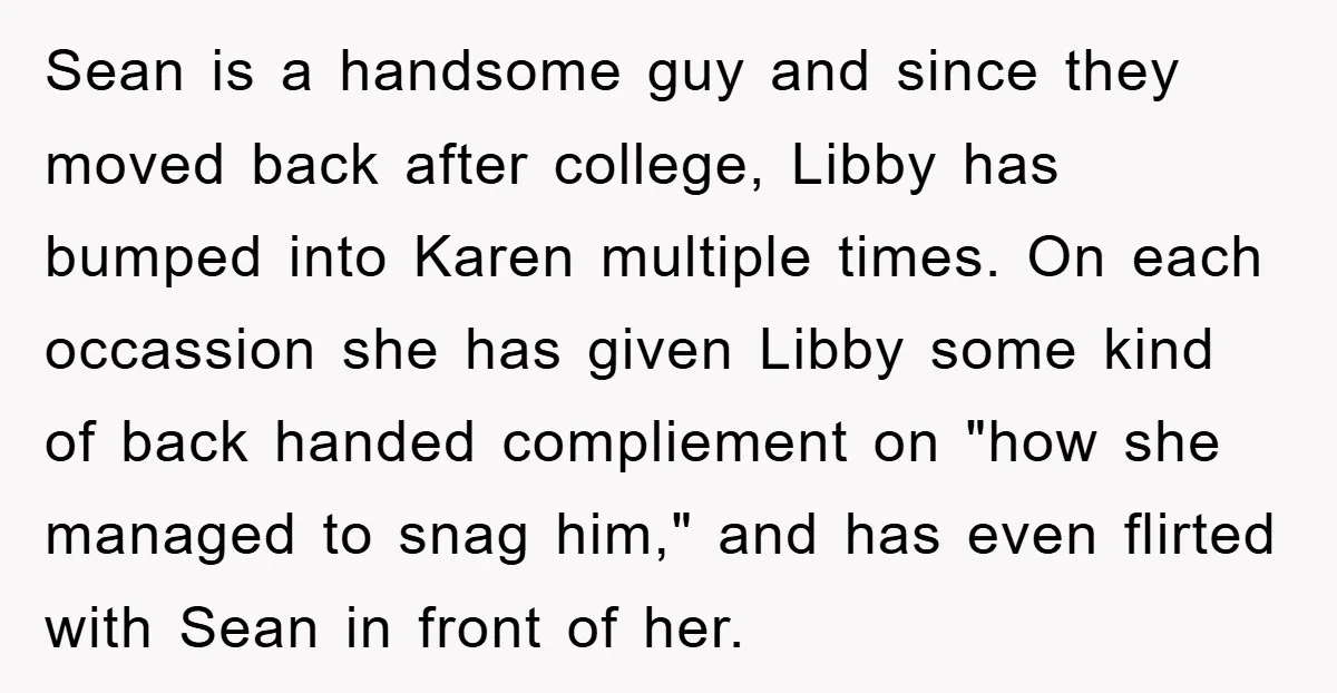 Sean is a handsome guy and since they moved back after college, Libby has bumped into Karen multiple times. On each occassion she has given Libby some kind of back...