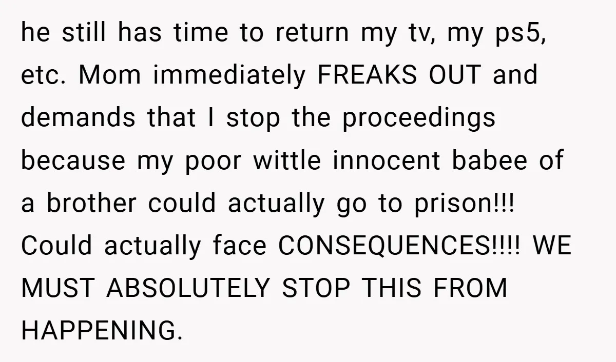 he still has time to return my tv, my ps5, etc. Mom immediately FREAKS OUT and demands that I stop the proceedings because my poor wittle innocent babee of a...