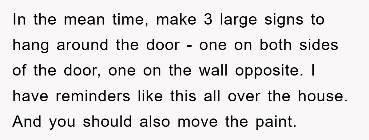 In the mean time, make 3 large signs to hang around the door - one on both sides of the door, one on the wall opposite. I have reminders like...