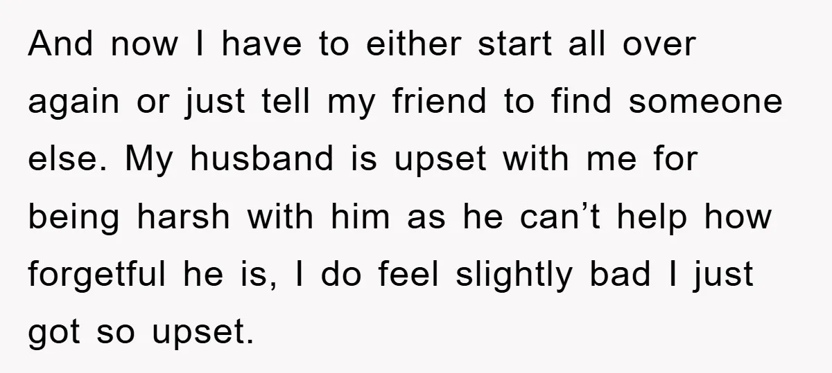 And now I have to either start all over again or just tell my friend to find someone else. My husband is upset with me for being harsh with him...