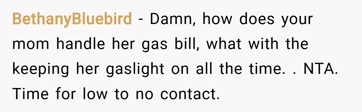 BethanyBluebird − Damn, how does your mom handle her gas bill, what with the keeping her gaslight on all the time. . NTA. Time for low to no contact.