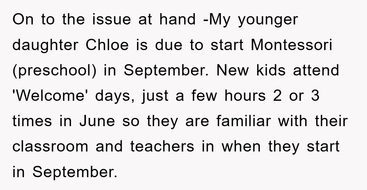 On to the issue at hand -My younger daughter Chloe is due to start Montessori (preschool) in September. New kids attend 'Welcome' days, just a few hours 2 or 3...