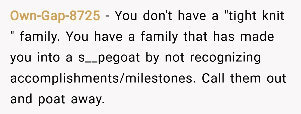 Own-Gap-8725 − You don't have a "tight knit " family. You have a family that has made you into a s__pegoat by not recognizing accomplishments/milestones. Call them out and poat...