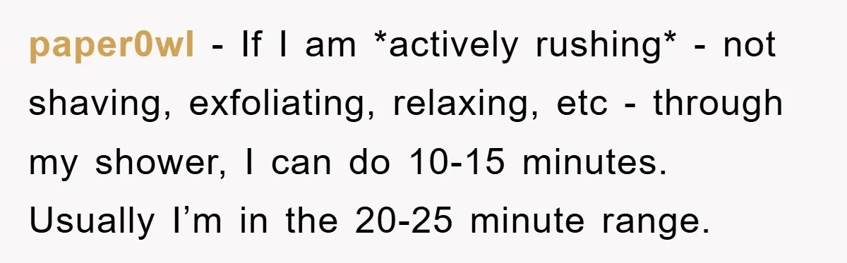 paper0wl − If I am *actively rushing* - not shaving, exfoliating, relaxing, etc - through my shower, I can do 10-15 minutes. Usually I’m in the 20-25 minute range.