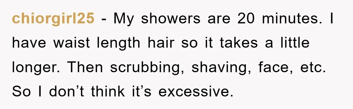 chiorgirl25 − My showers are 20 minutes. I have waist length hair so it takes a little longer. Then scrubbing, shaving, face, etc. So I don’t think it’s excessive.