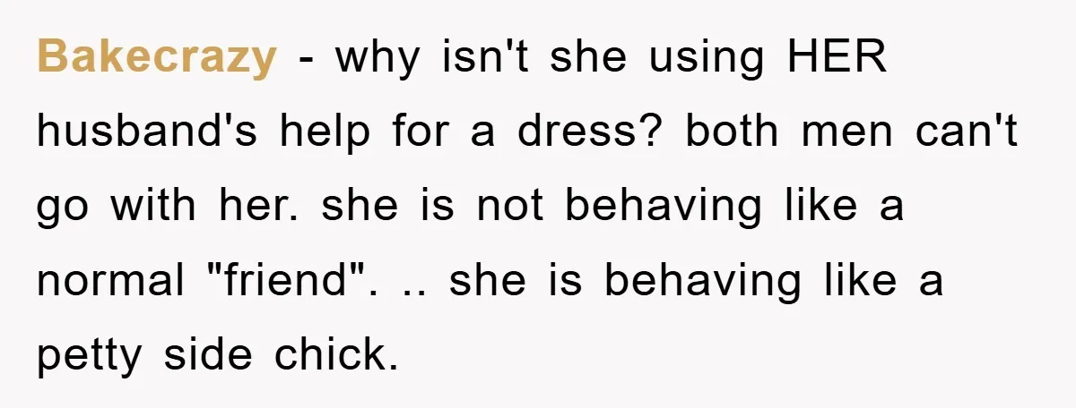 Bakecrazy - why isn't she using HER husband's help for a dress? both men can't go with her. she is not behaving like a normal "friend". .. she is behaving...