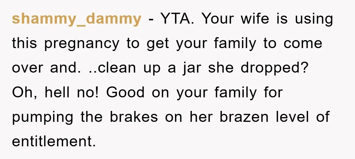 shammy_dammy - YTA. Your wife is using this pregnancy to get your family to come over and. ..clean up a jar she dropped? Oh, hell no! Good on your family...