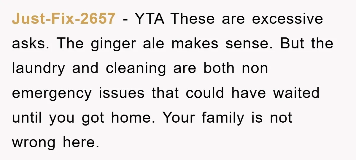 Just-Fix-2657 - YTA These are excessive asks. The ginger ale makes sense. But the laundry and cleaning are both non emergency issues that could have waited until you got home....