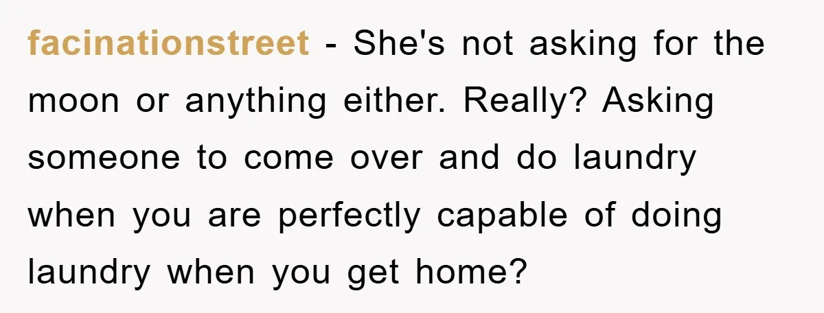 facinationstreet - She's not asking for the moon or anything either. Really? Asking someone to come over and do laundry when you are perfectly capable of doing laundry when you...
