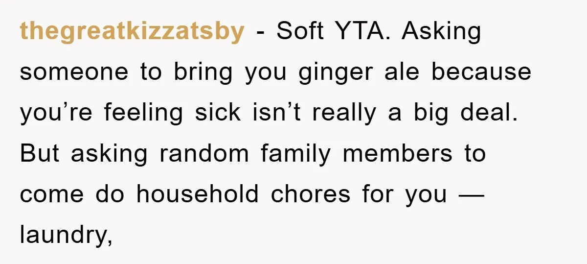 thegreatkizzatsby - Soft YTA. Asking someone to bring you ginger ale because you’re feeling sick isn’t really a big deal. But asking random family members to come do household chores...