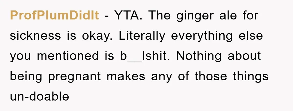 ProfPlumDidIt - YTA. The ginger ale for sickness is okay. Literally everything else you mentioned is b__lshit. Nothing about being pregnant makes any of those things un-doable
