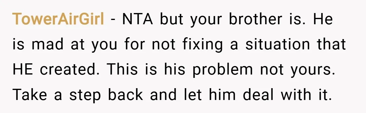 TowerAirGirl − NTA but your brother is. He is mad at you for not fixing a situation that HE created. This is his problem not yours. Take a step back...