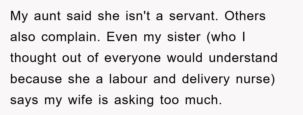 My aunt said she isn't a servant. Others also complain. Even my sister (who I thought out of everyone would understand because she a labour and delivery nurse) says my...