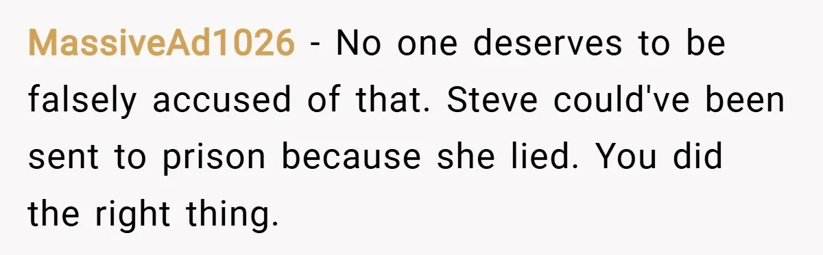 MassiveAd1026 − No one deserves to be falsely accused of that. Steve could've been sent to prison because she lied. You did the right thing.