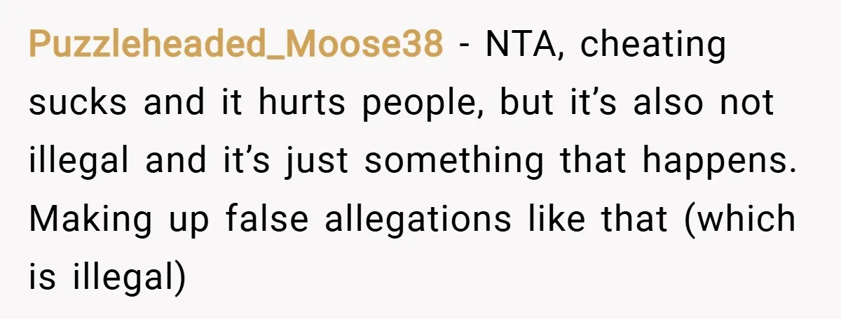 Puzzleheaded_Moose38 − NTA, cheating sucks and it hurts people, but it’s also not illegal and it’s just something that happens. Making up false allegations like that (which is illegal)