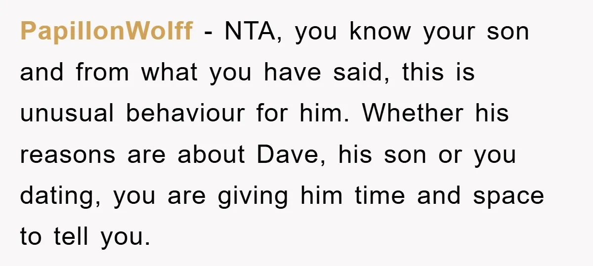 PapillonWolff - NTA, you know your son and from what you have said, this is unusual behaviour for him. Whether his reasons are about Dave, his son or you dating,...