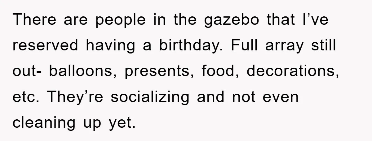 There are people in the gazebo that I’ve reserved having a birthday. Full array still out- balloons, presents, food, decorations, etc. They’re socializing and not even cleaning up yet.